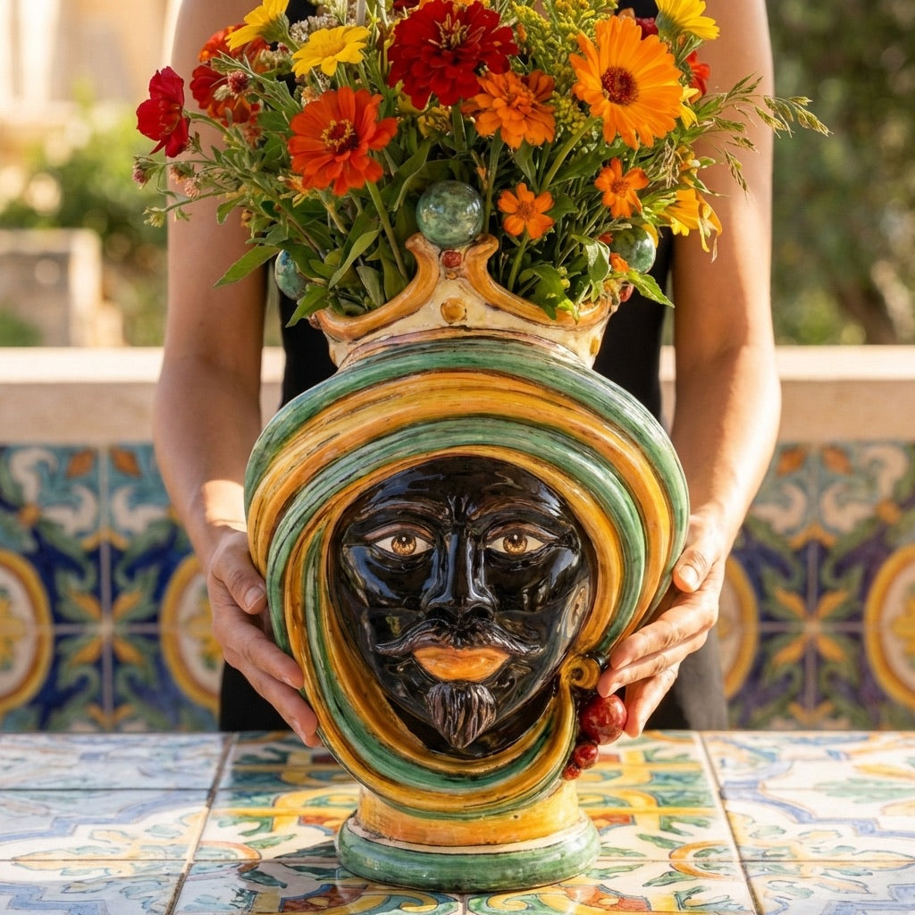 Testa di Moro, Maschio Moro, Verde e Arancio. Ceramica siciliana di Caltagirone, Sofia