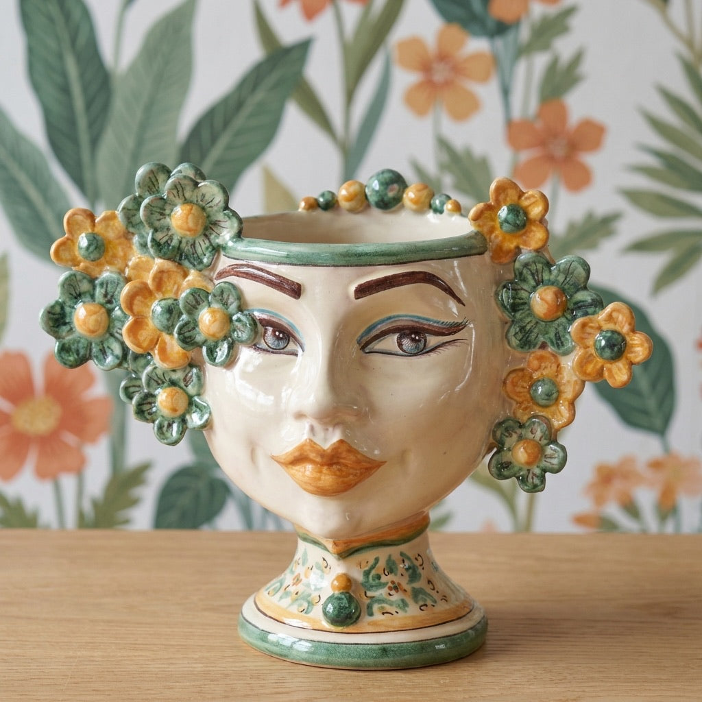 Testa di Moro con Fiori, Verde e Arancio. Ceramica siciliana di Caltagirone, Sofia