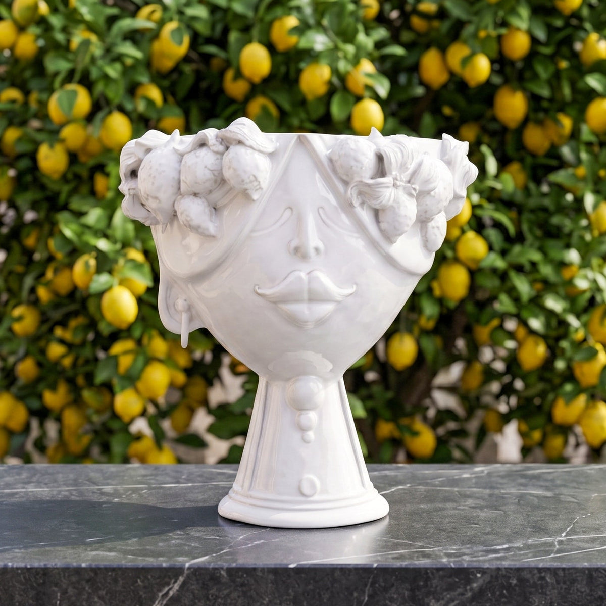 Testa Zahira con Limoni h 30 cm - Donna, White Line | Ceramica Caltagirone