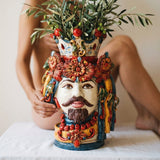 Testa di Moro con Turbante, Maschio Bianco, Decoro Sicily. Ceramica siciliana di Caltagirone, Sofia