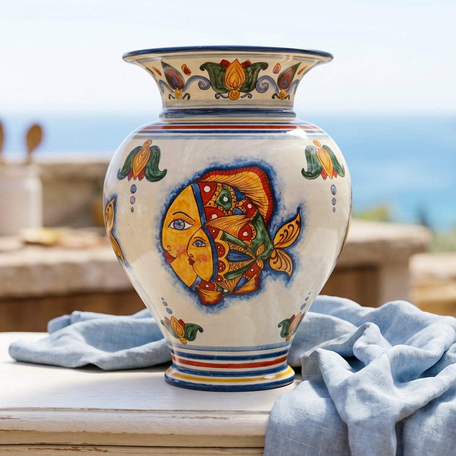 Vaso a Collo Alto, Decoro Pesci, fiori. Ceramica siciliana di Caltagirone, Sofia