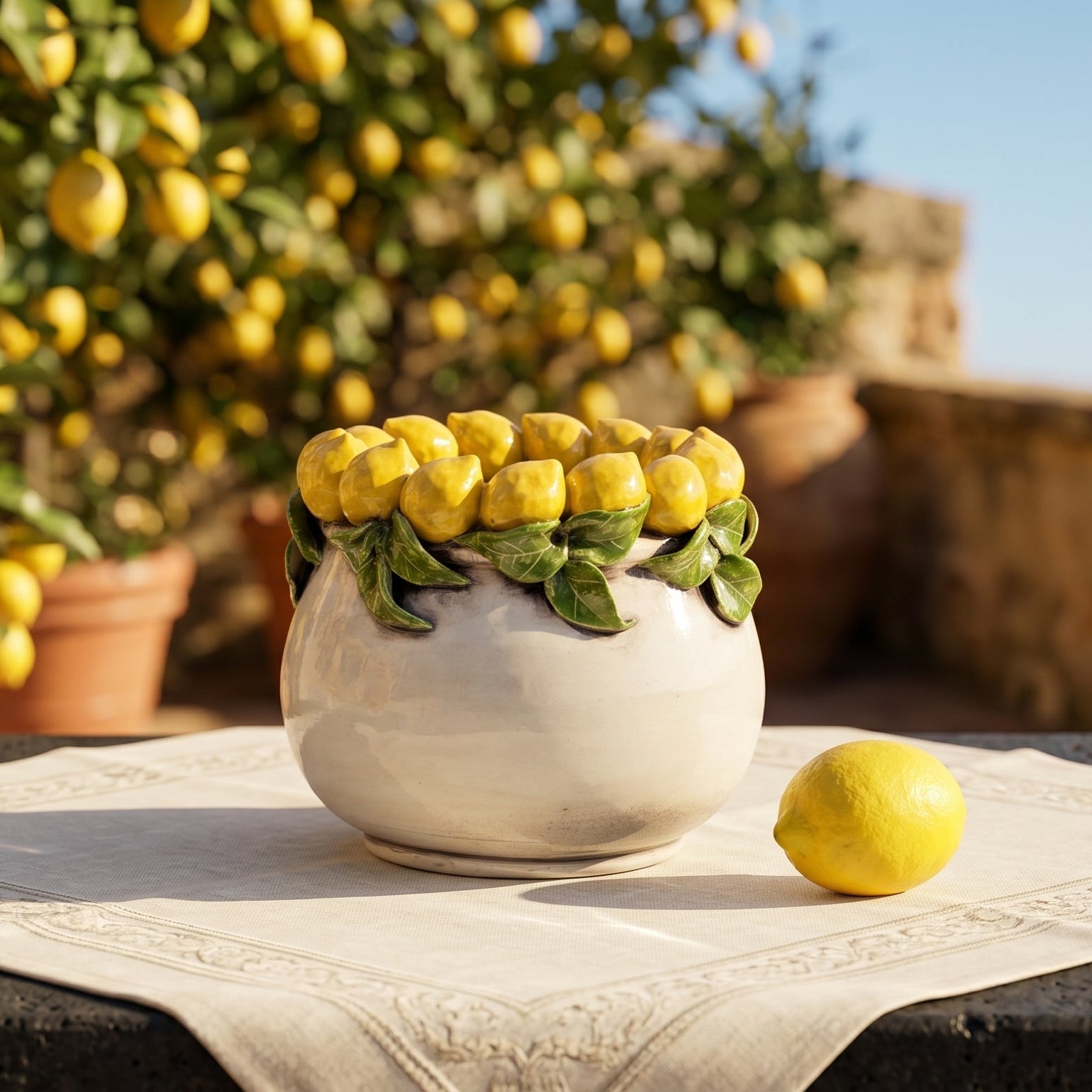 Vaso, Limoni di Sicilia, Madreperla Colorato. Ceramica siciliana di Caltagirone, Sofia