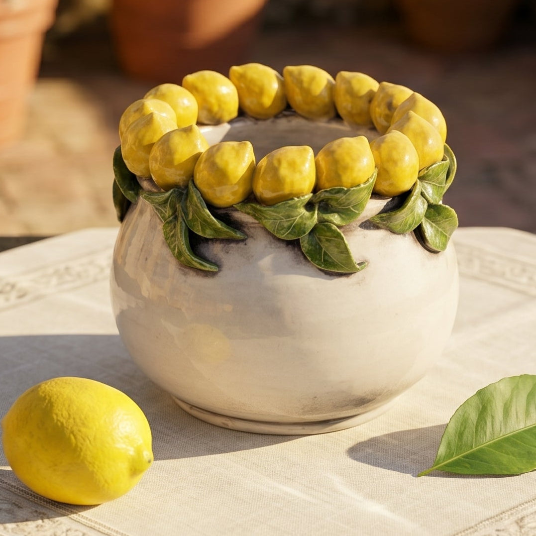 Vaso, Limoni di Sicilia, Madreperla Colorato. Ceramica siciliana di Caltagirone, Sofia