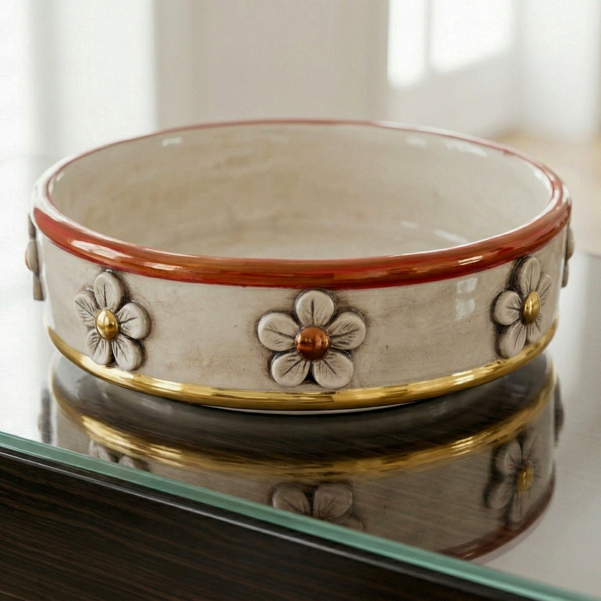 Centrotavola con Fiori in Ceramica di Caltagirone Ø 20 cm - Madreperla Antichizzato Oro e Lustri