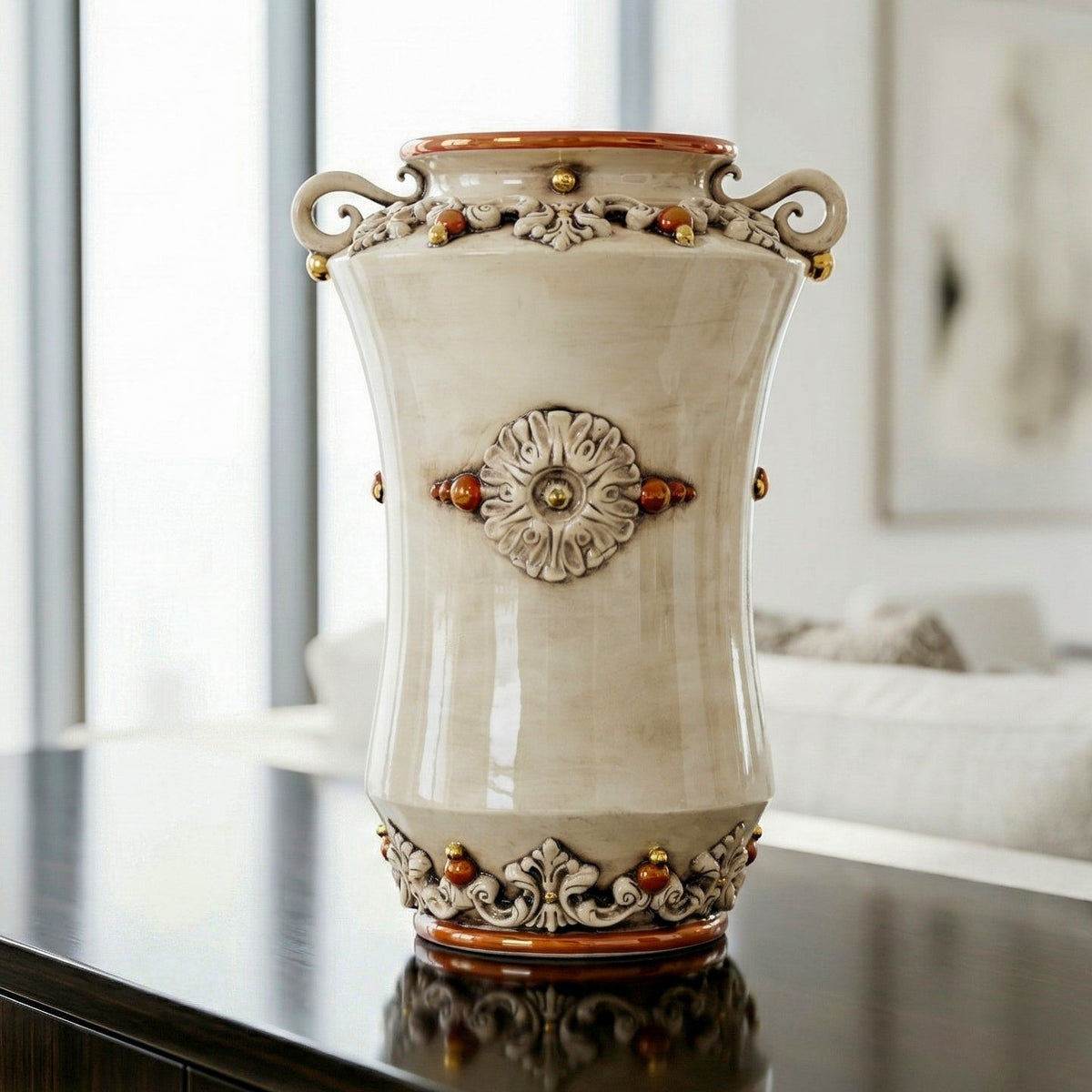 Vaso Albarello con Manici in Ceramica di Caltagirone h 35 cm - Plastico Sofia, Madreperla Antichizzato Oro e Lustri