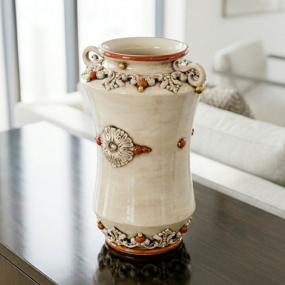 Vaso Albarello con Manici in Ceramica di Caltagirone h 35 cm - Plastico Sofia, Madreperla Antichizzato Oro e Lustri