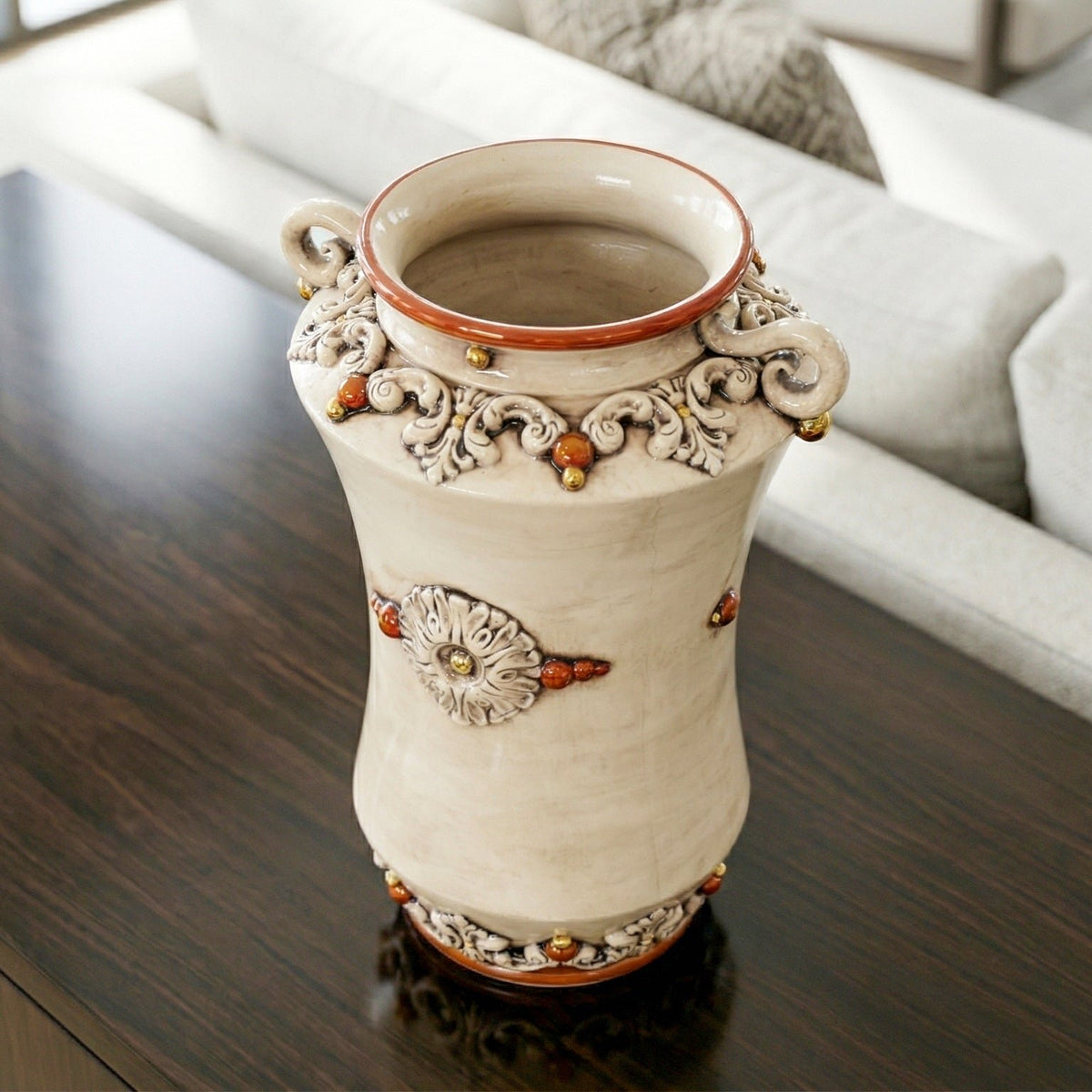 Vaso Albarello con Manici in Ceramica di Caltagirone h 35 cm - Plastico Sofia, Madreperla Antichizzato Oro e Lustri
