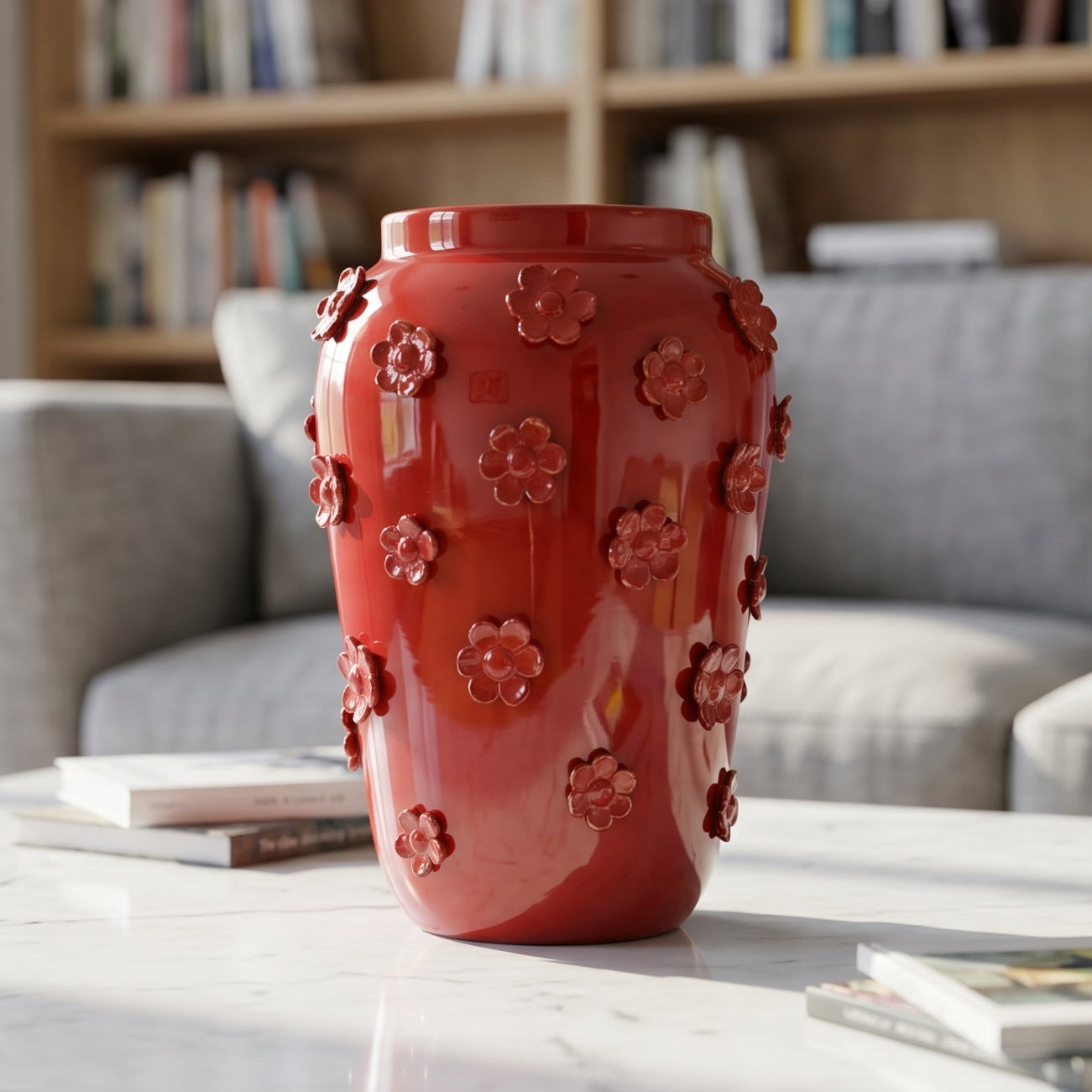 Vaso boccia con fiori Linea Rosso Fuoco. Ceramica siciliana di Caltagirone, Sofia