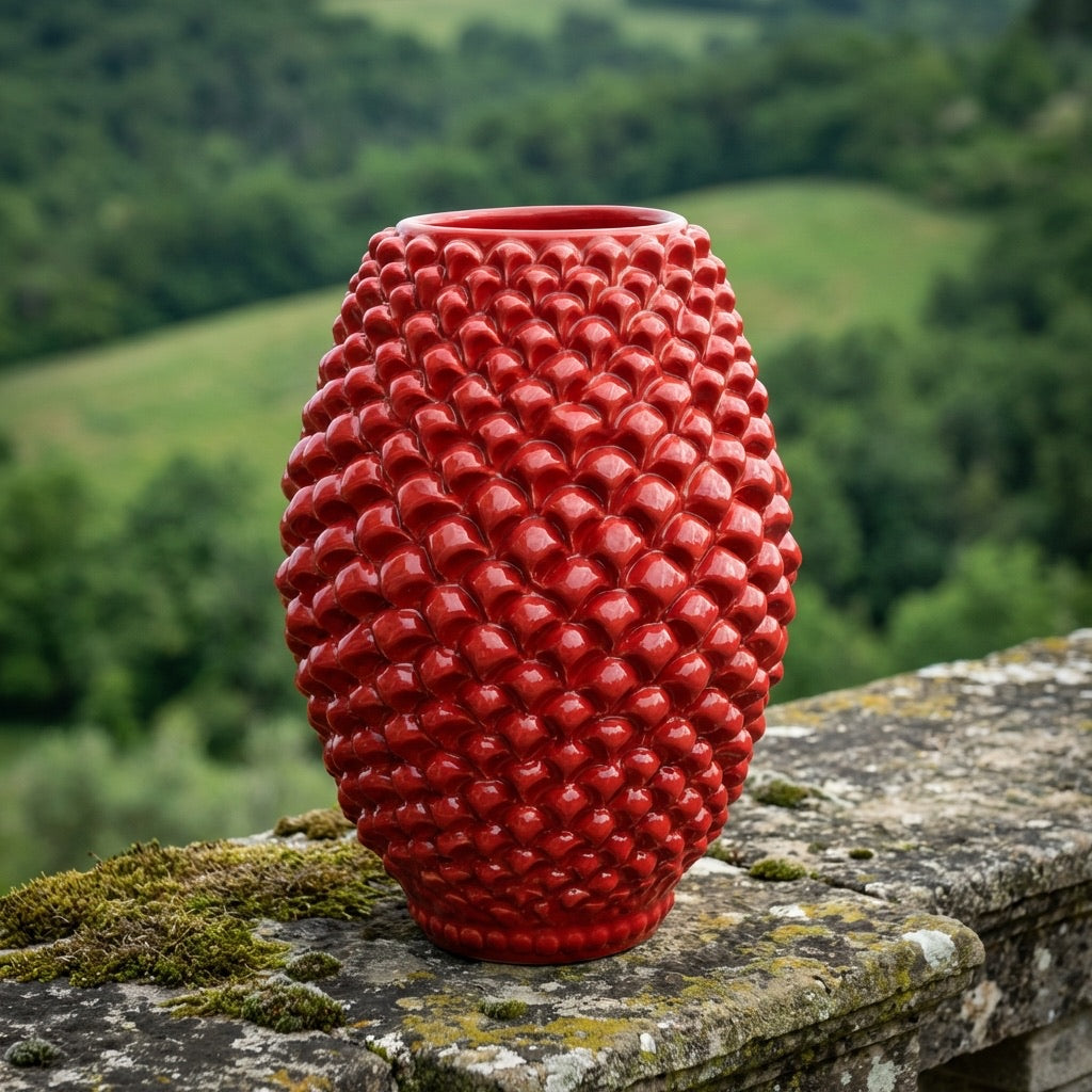 Vaso Pigna Botte, Rosso Fuoco, fiori, scaglie. Ceramica siciliana di Caltagirone, Sofia