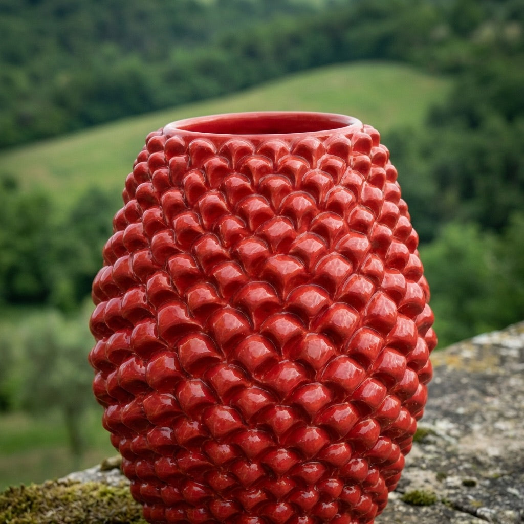Vaso Pigna Botte, Rosso Fuoco, fiori, scaglie. Ceramica siciliana di Caltagirone, Sofia