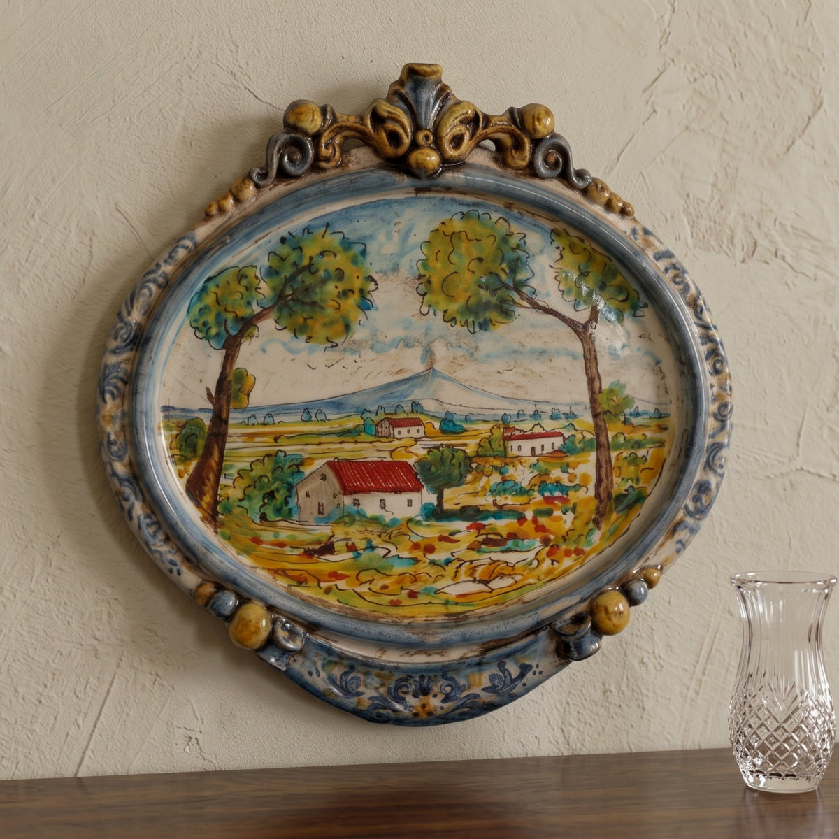 Ovale Orizzontale in Ceramica di Caltagirone 23×25 cm - Paesaggio, Blu e Arancio