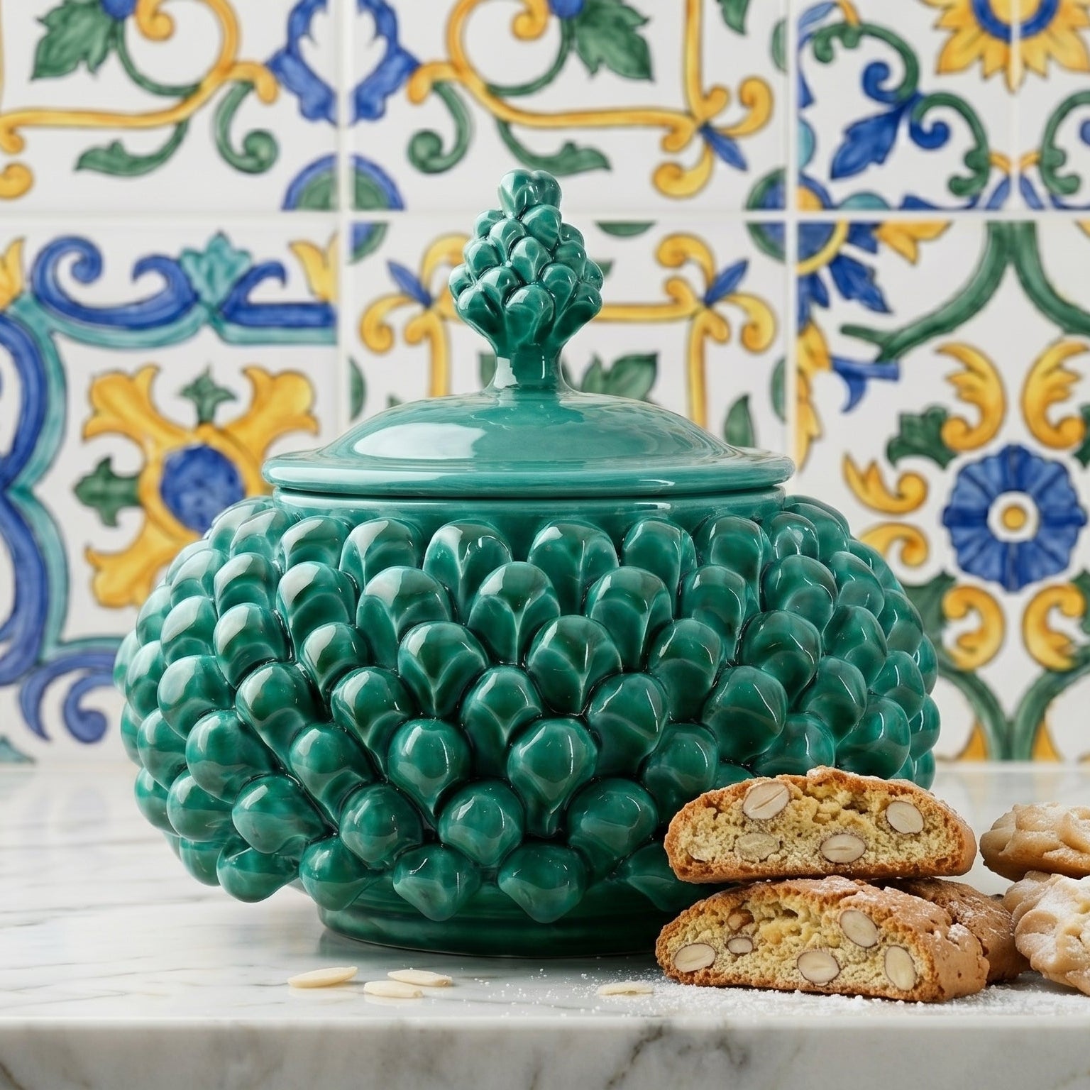 Biscottiera a Pigna, Verde Smeraldo, scaglie, coperchio. Ceramiche Sofia, Caltagirone
