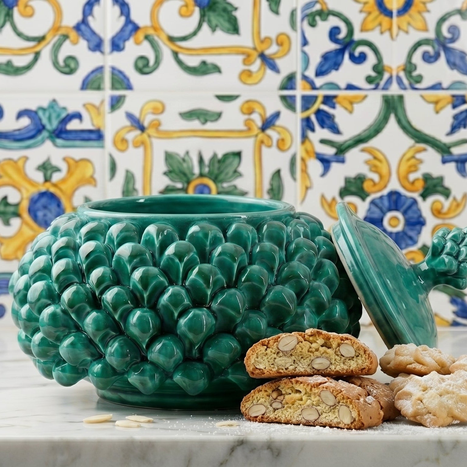 Biscottiera a Pigna, Verde Smeraldo, scaglie, coperchio. Ceramiche Sofia, Caltagirone