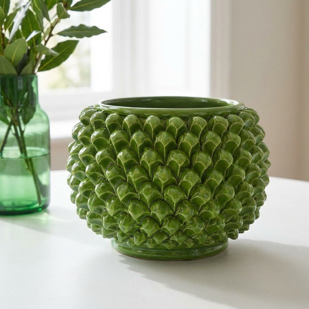 Vaso Mezza Pigna Senza Piede, Verde Foglia. Ceramiche Sofia, Caltagirone