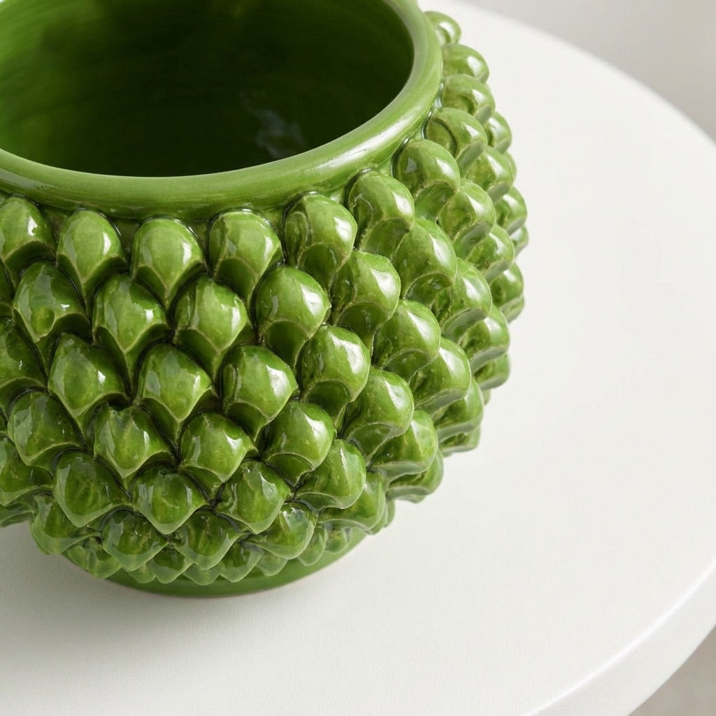 Vaso Mezza Pigna Senza Piede, Verde Foglia. Ceramiche Sofia, Caltagirone