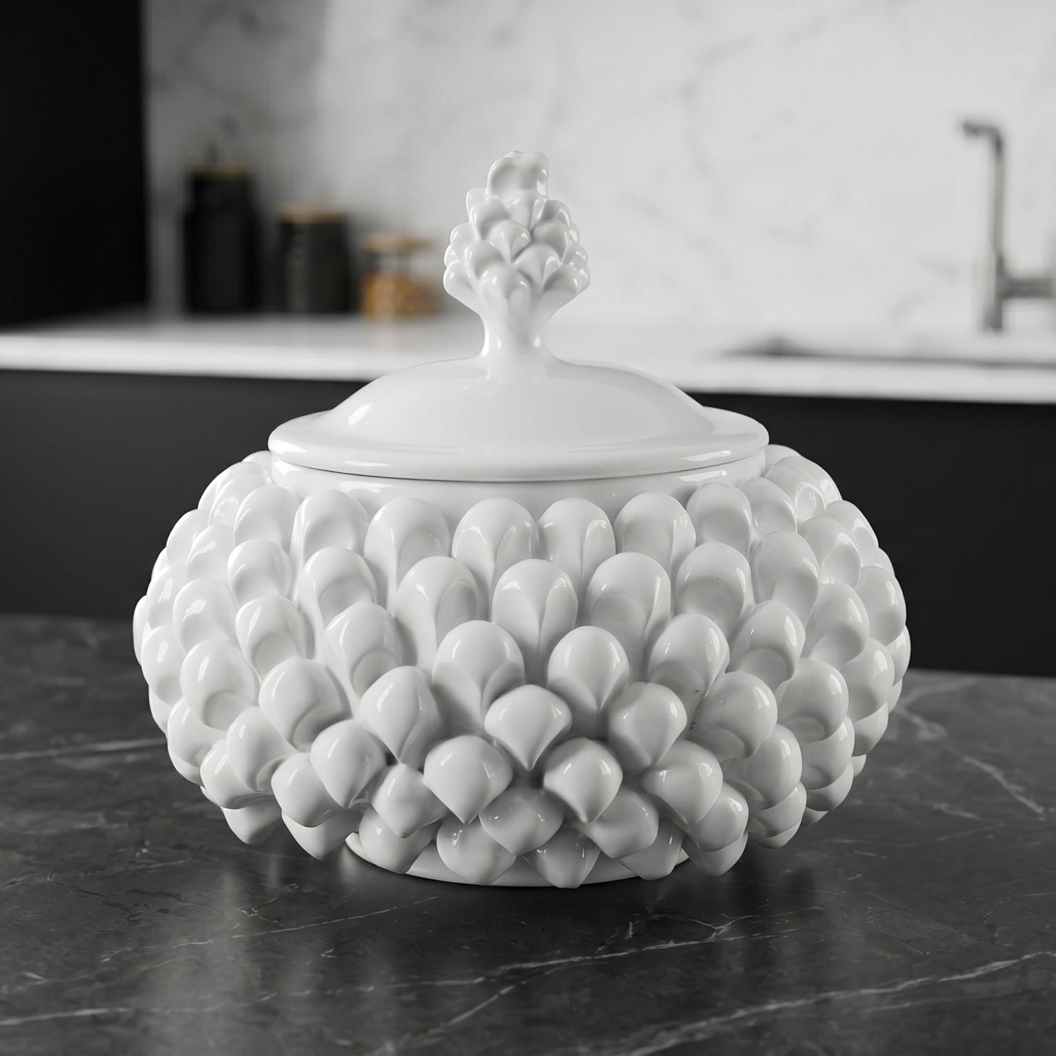 Biscottiera a Pigna, White Line, scaglie, coperchio. Ceramiche Sofia, Caltagirone