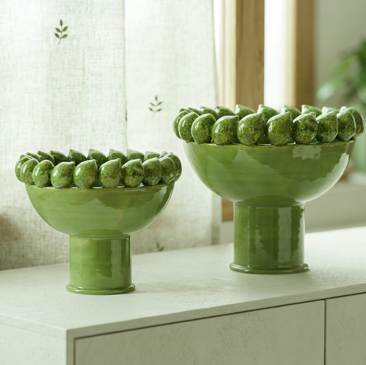 Alzata con Limoni Siciliani in Ceramica di Caltagirone Ø 23/33/45 cm - Verde Foglia