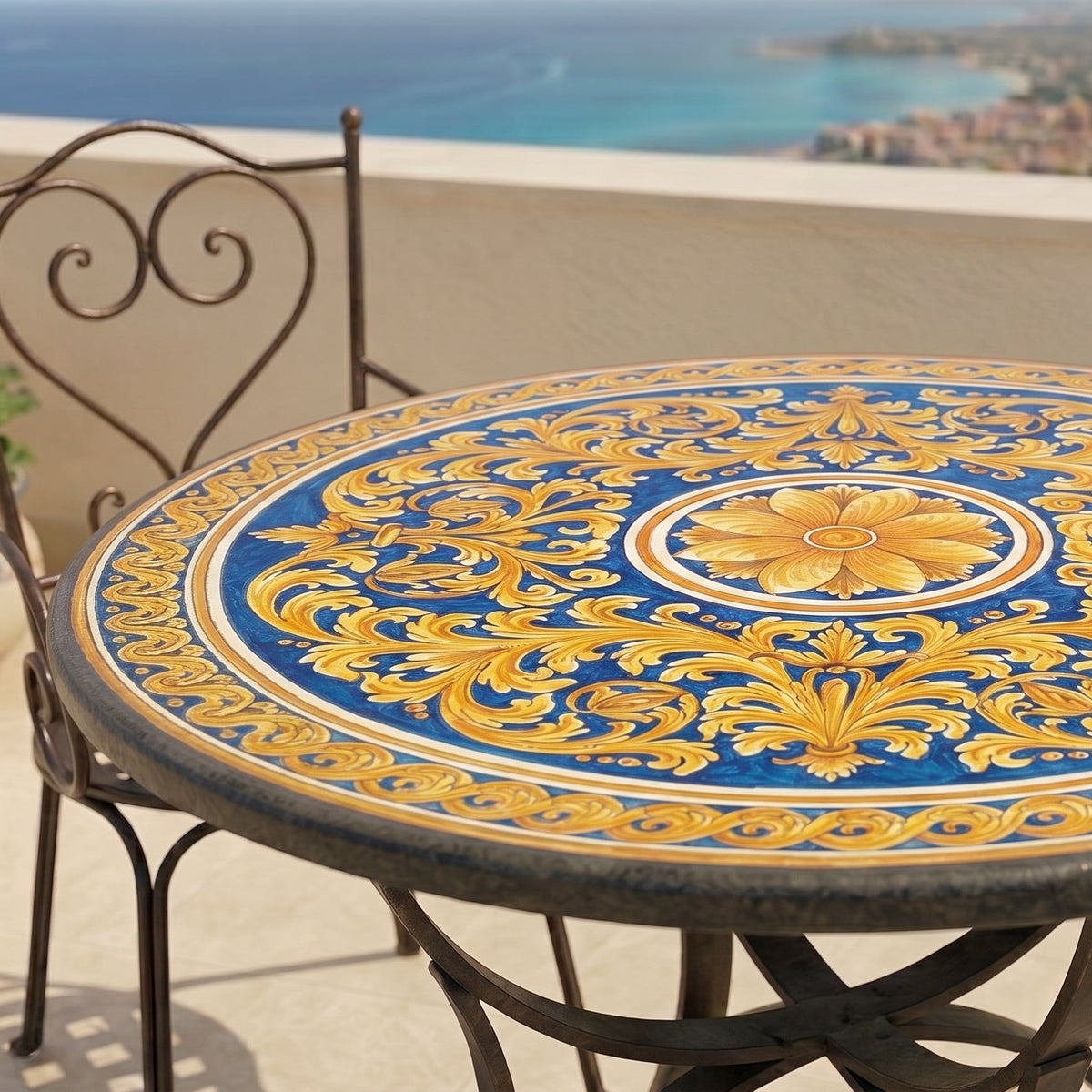 Tavolo in Pietra Lavica di Caltagirone, Ornato Fondo Blu. Ceramica siciliana di Caltagirone, Sofia