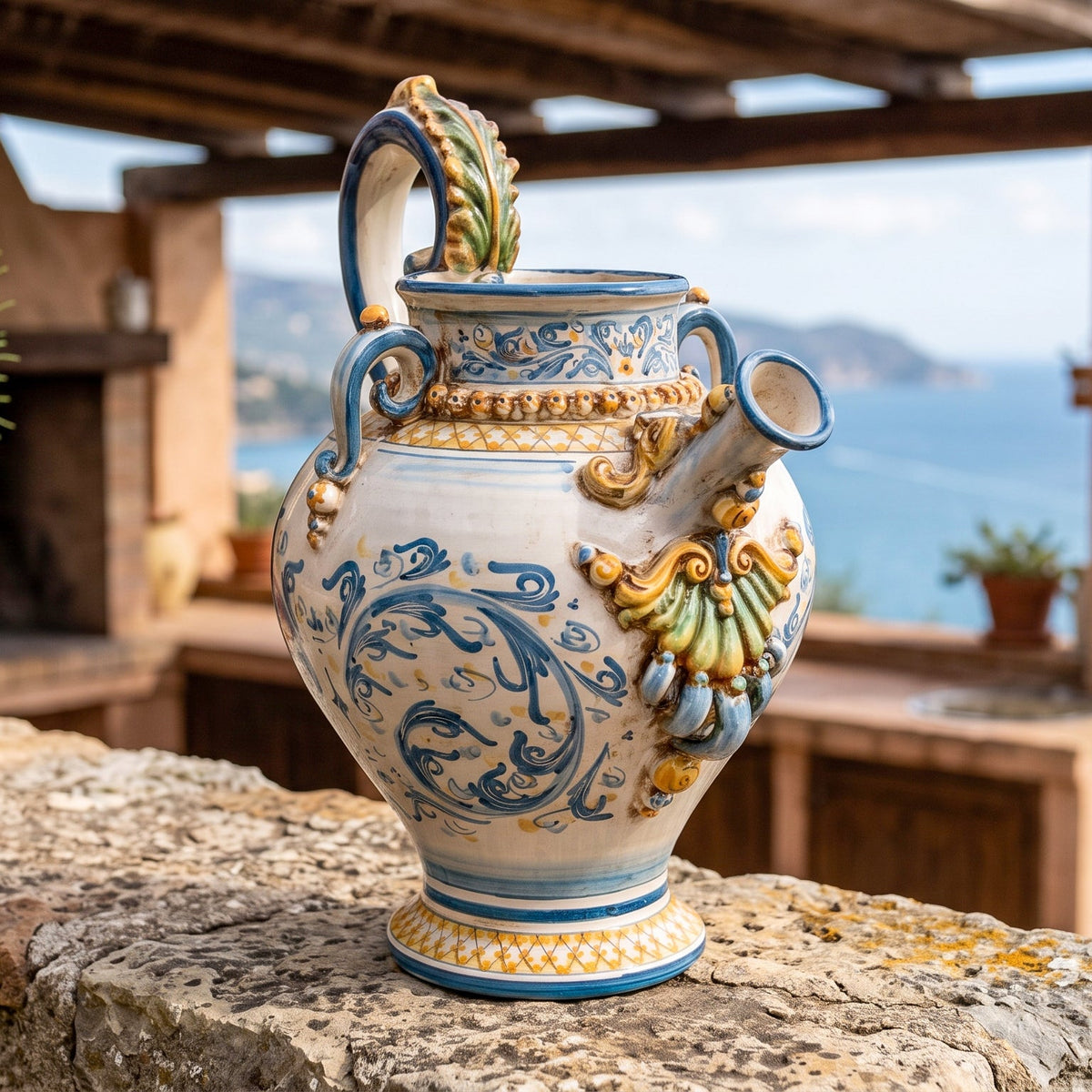 Versatoio a Palla in Ceramica di Caltagirone h 32 cm - Blu e Arancio, Serie d'Arte
