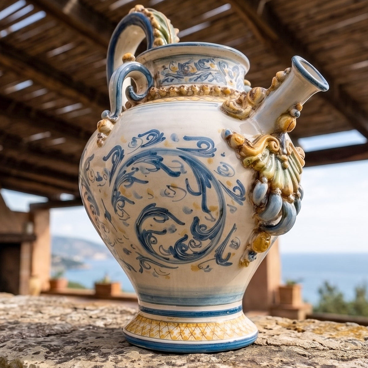 Versatoio a Palla in Ceramica di Caltagirone h 32 cm - Blu e Arancio, Serie d'Arte