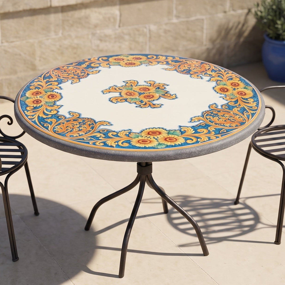 Tavolo in Pietra Lavica di Caltagirone, Decoro Girasoli, fiori. Ceramiche Sofia, Caltagirone