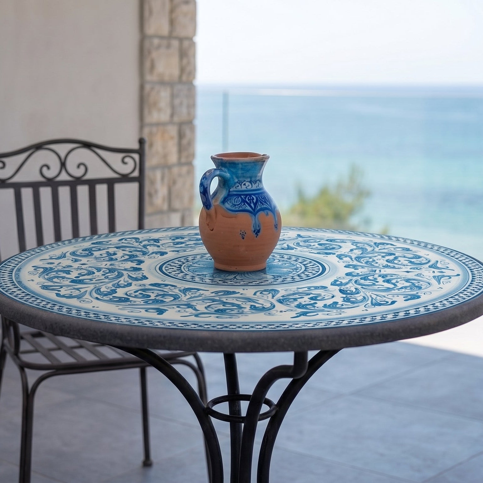Tavolo in Pietra Lavica di Caltagirone, Monocromia di Blu. Ceramiche Sofia, Caltagirone