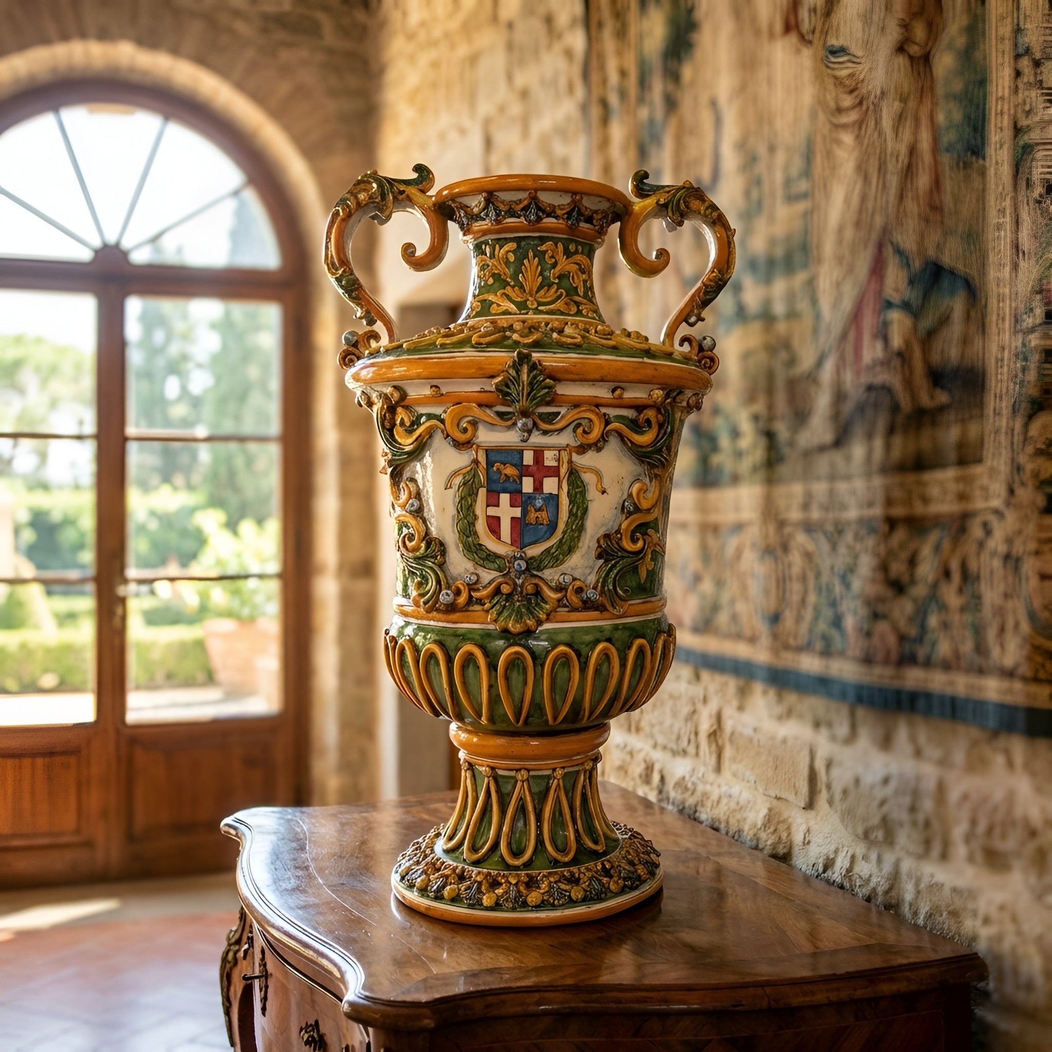 Vaso Monumentale, Ornato Fondo Verde, Stemma Malta, Serie Limitata. Ceramiche Sofia, Caltagirone