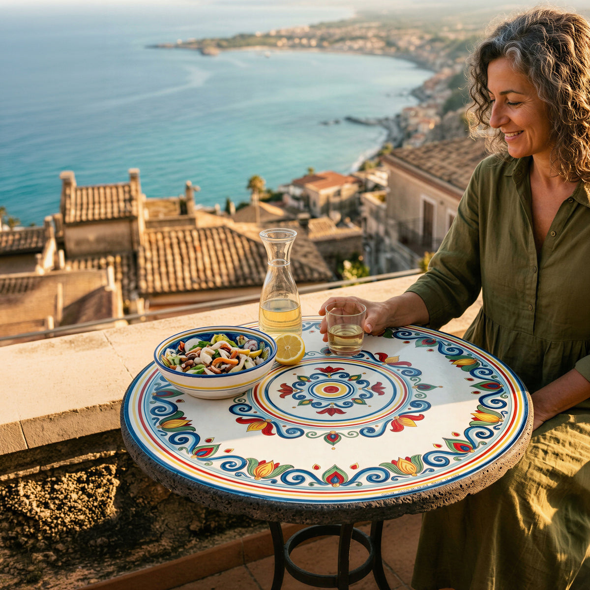Tavolo in Pietra Lavica di Caltagirone, Decoro Sicily. Ceramiche Sofia, Caltagirone