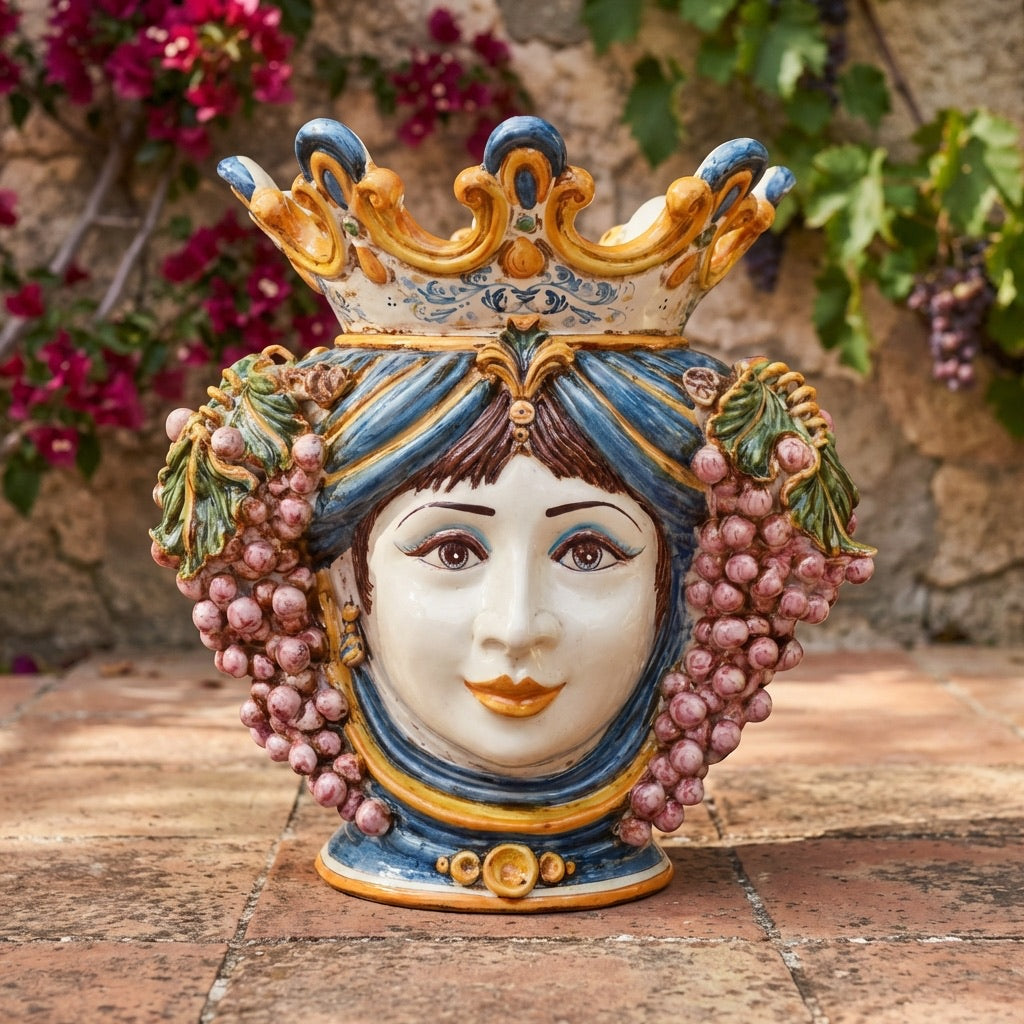 Testa di Moro con Uva, Donna, Blu e Arancio. Ceramica siciliana di Caltagirone, Sofia