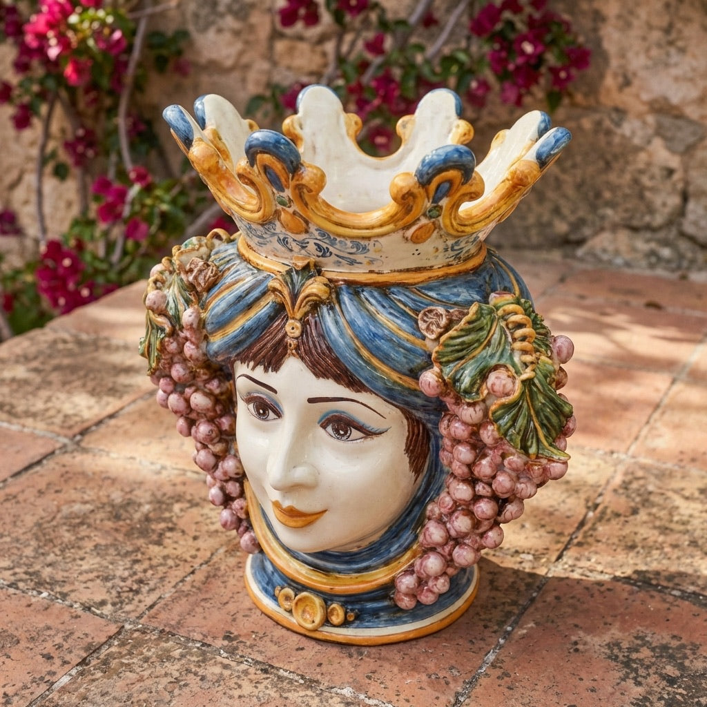 Testa di Moro con Uva, Donna, Blu e Arancio. Ceramica siciliana di Caltagirone, Sofia