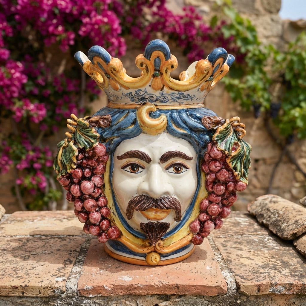 Testa di Moro con Uva, Maschio Bianco, Blu e Arancio. Ceramiche Sofia, Caltagirone