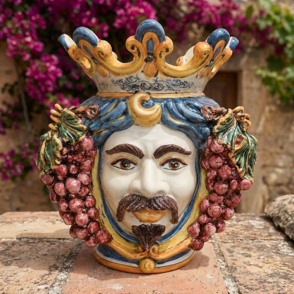 Testa di Moro con Uva, Maschio Bianco, Blu e Arancio. Ceramiche Sofia, Caltagirone