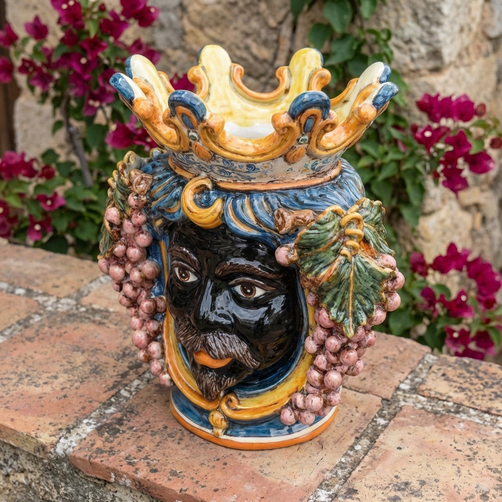 Testa di Moro con Uva, Maschio Moro, Blu e Arancio. Ceramica siciliana di Caltagirone, Sofia