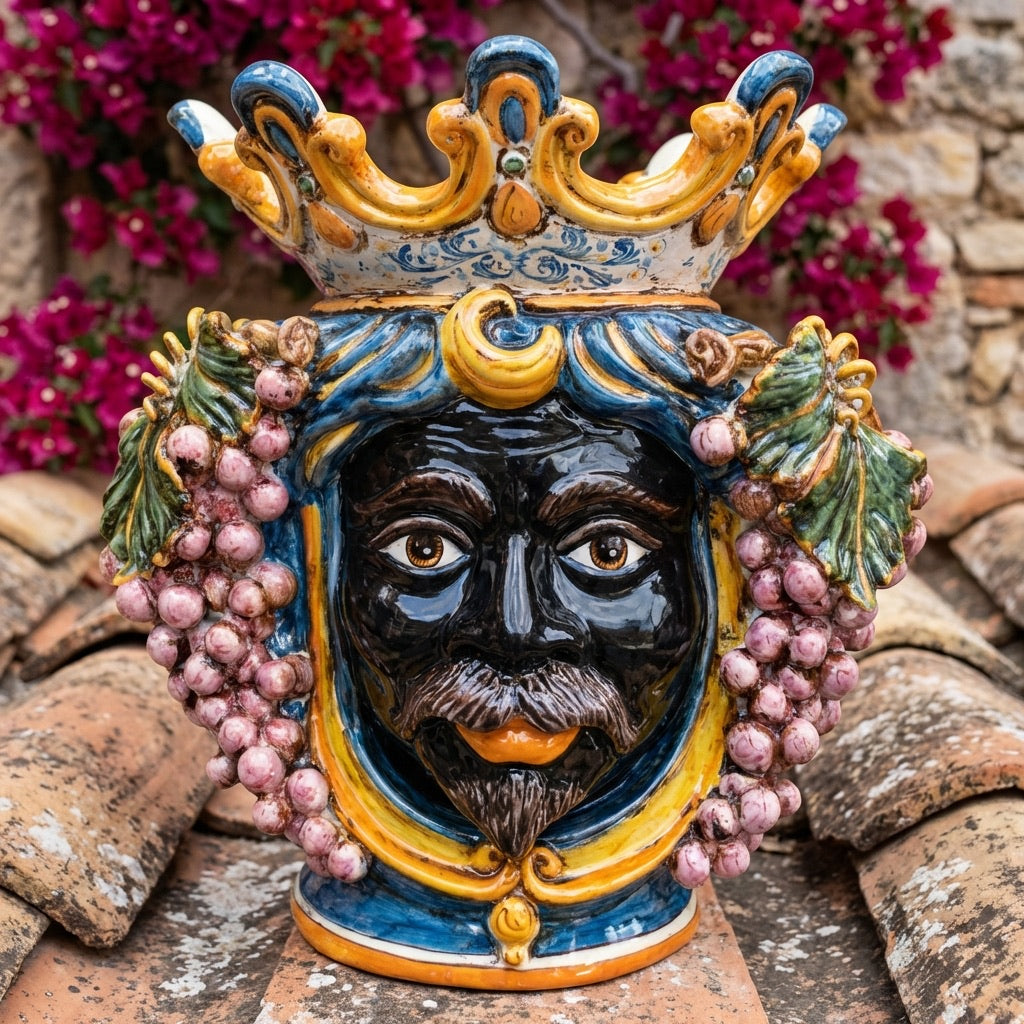 Testa di Moro con Uva, Maschio Moro, Blu e Arancio. Ceramica siciliana di Caltagirone, Sofia