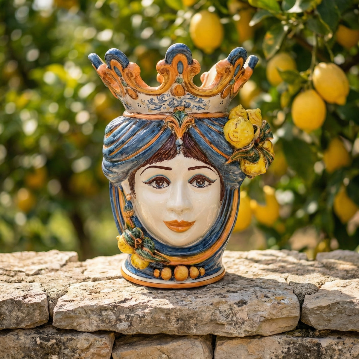Testa di Moro con Limoni, Donna, Blu e Arancio. Ceramiche Sofia, Caltagirone