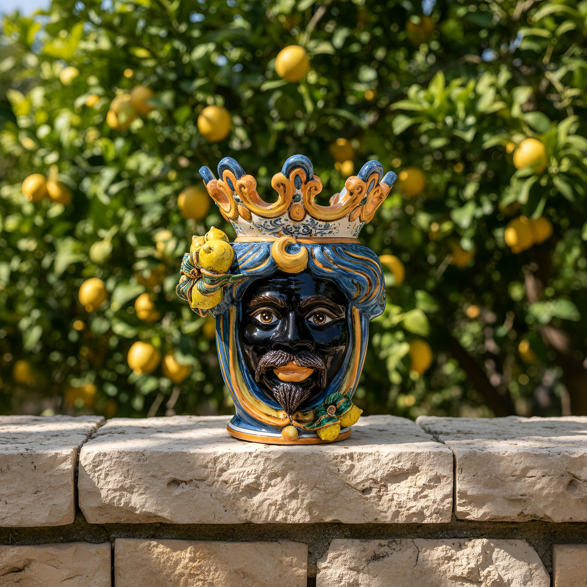 Testa di Moro con Limoni, Maschio Moro, Blu e Arancio. Ceramica siciliana di Caltagirone, Sofia