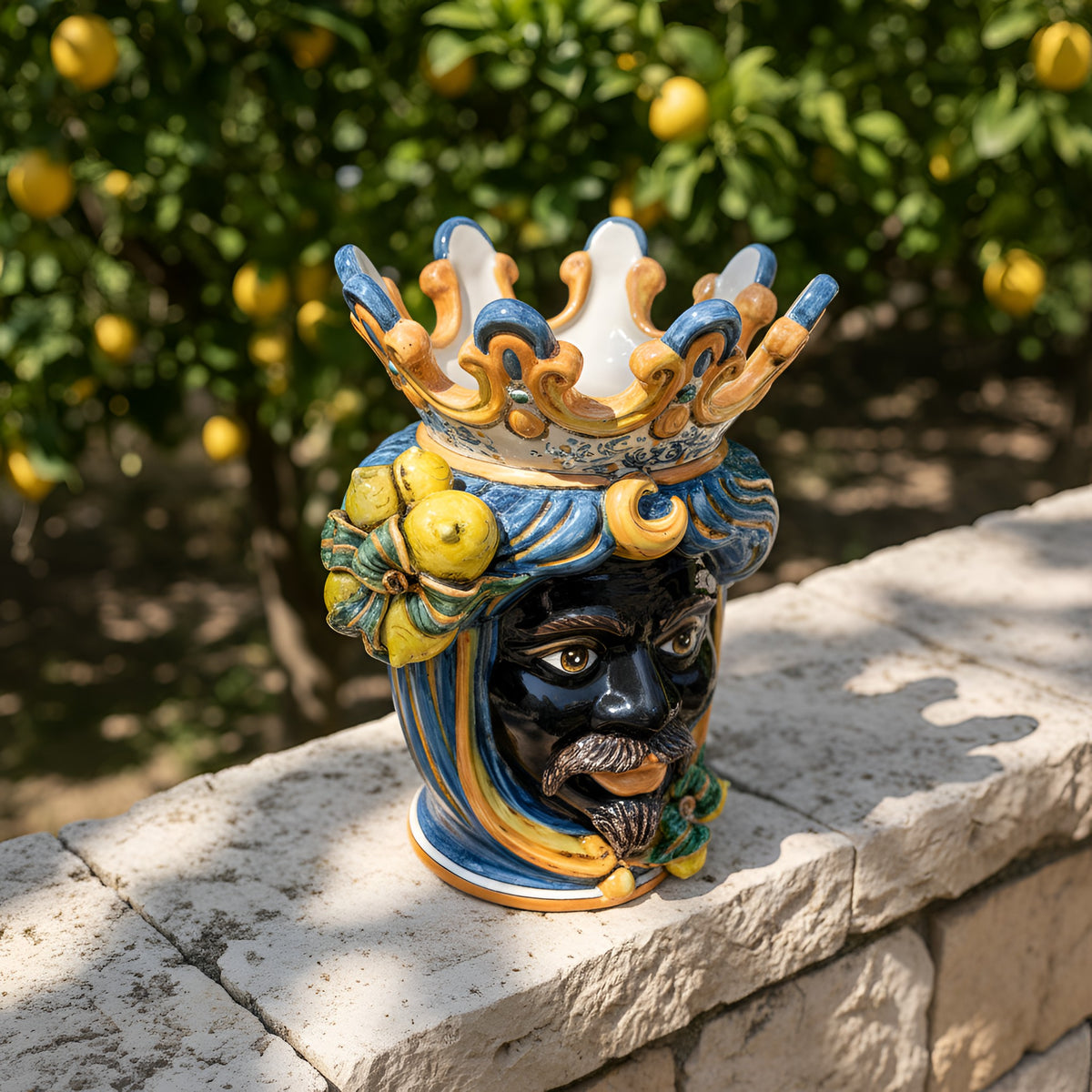 Testa di Moro con Limoni, Maschio Moro, Blu e Arancio. Ceramica siciliana di Caltagirone, Sofia