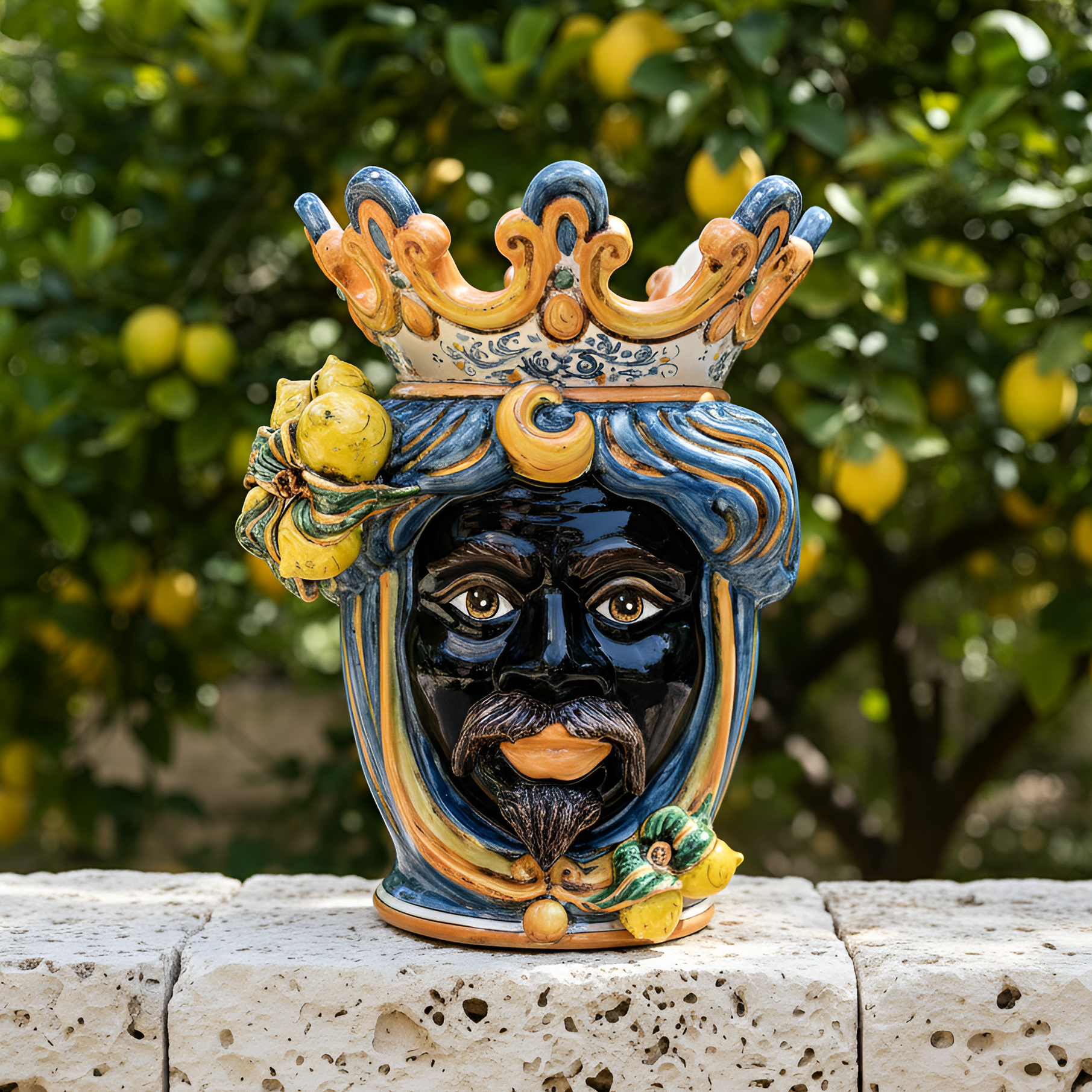 Testa di Moro con Limoni, Maschio Moro, Blu e Arancio. Ceramica siciliana di Caltagirone, Sofia