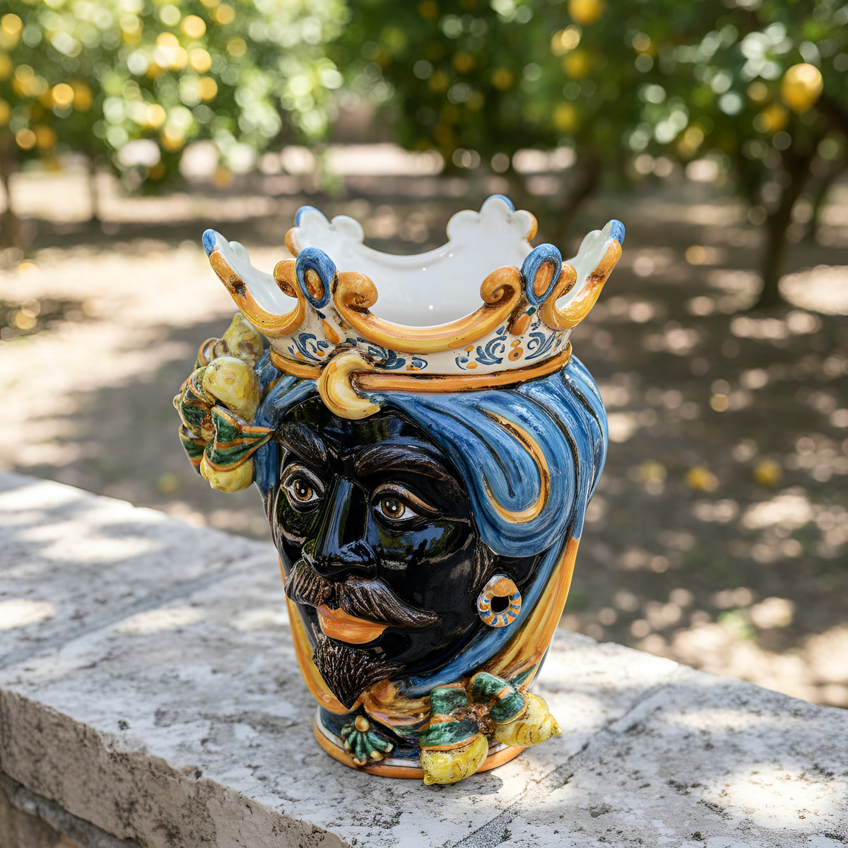 Testa di Moro con Limoni, Maschio Moro, Blu e Arancio, corona. Ceramiche Sofia, Caltagirone