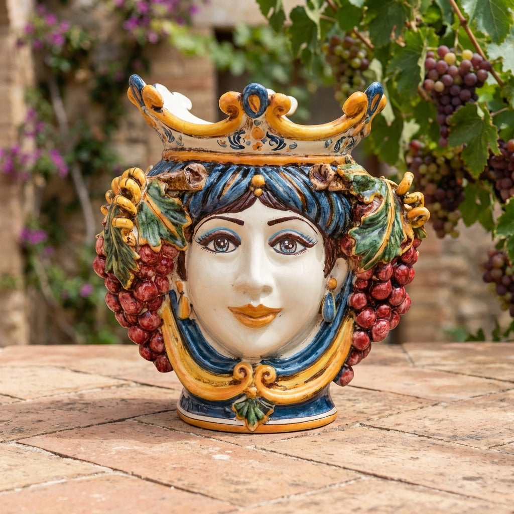 Testa di Moro con Uva, Donna, Blu e Arancio. Ceramica siciliana di Caltagirone, Sofia