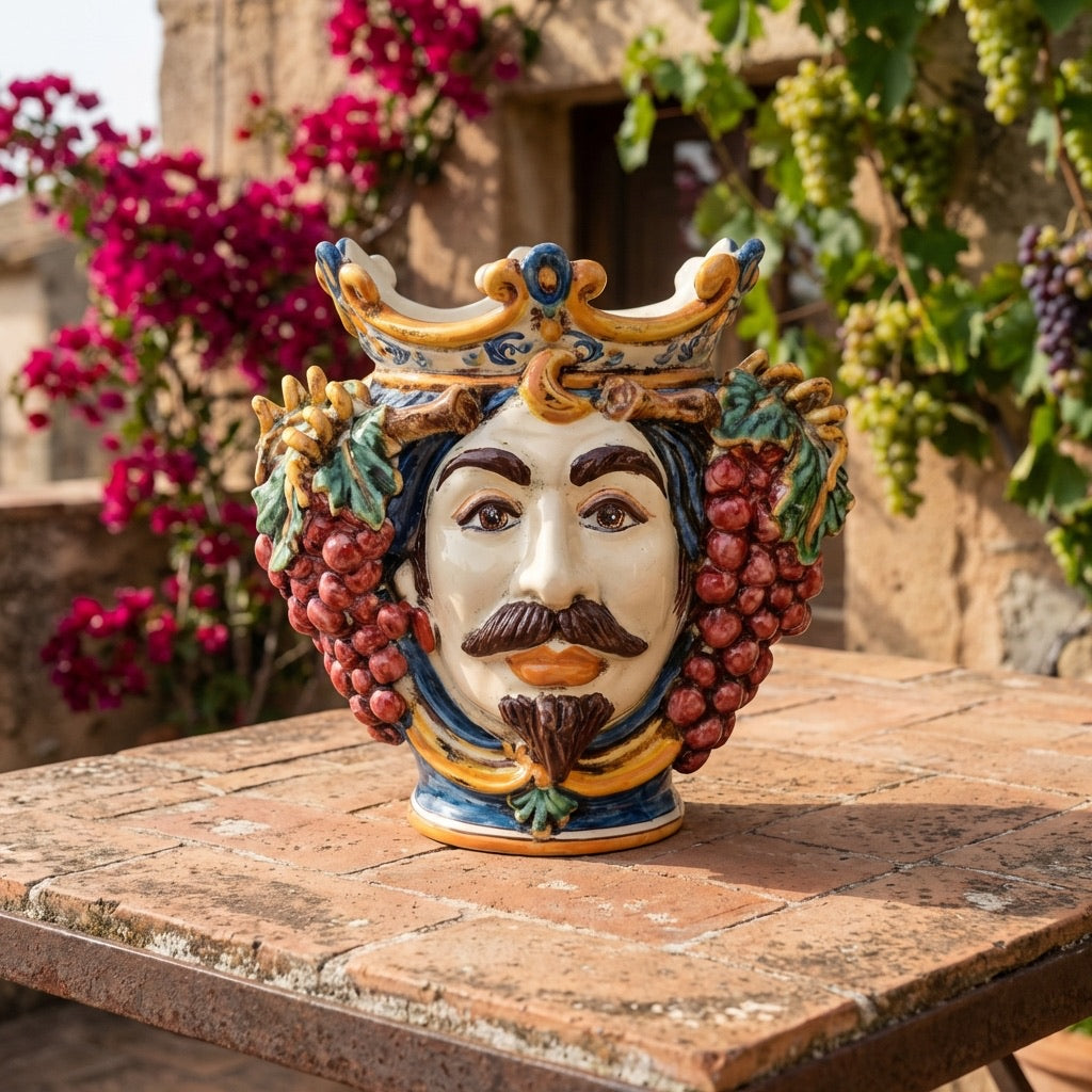 Testa di Moro con Uva, Maschio Bianco, Blu e Arancio. Ceramica siciliana di Caltagirone, Sofia