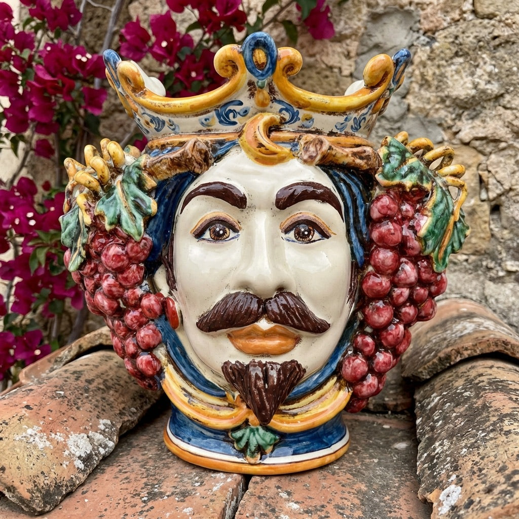 Testa di Moro con Uva, Maschio Bianco, Blu e Arancio. Ceramica siciliana di Caltagirone, Sofia