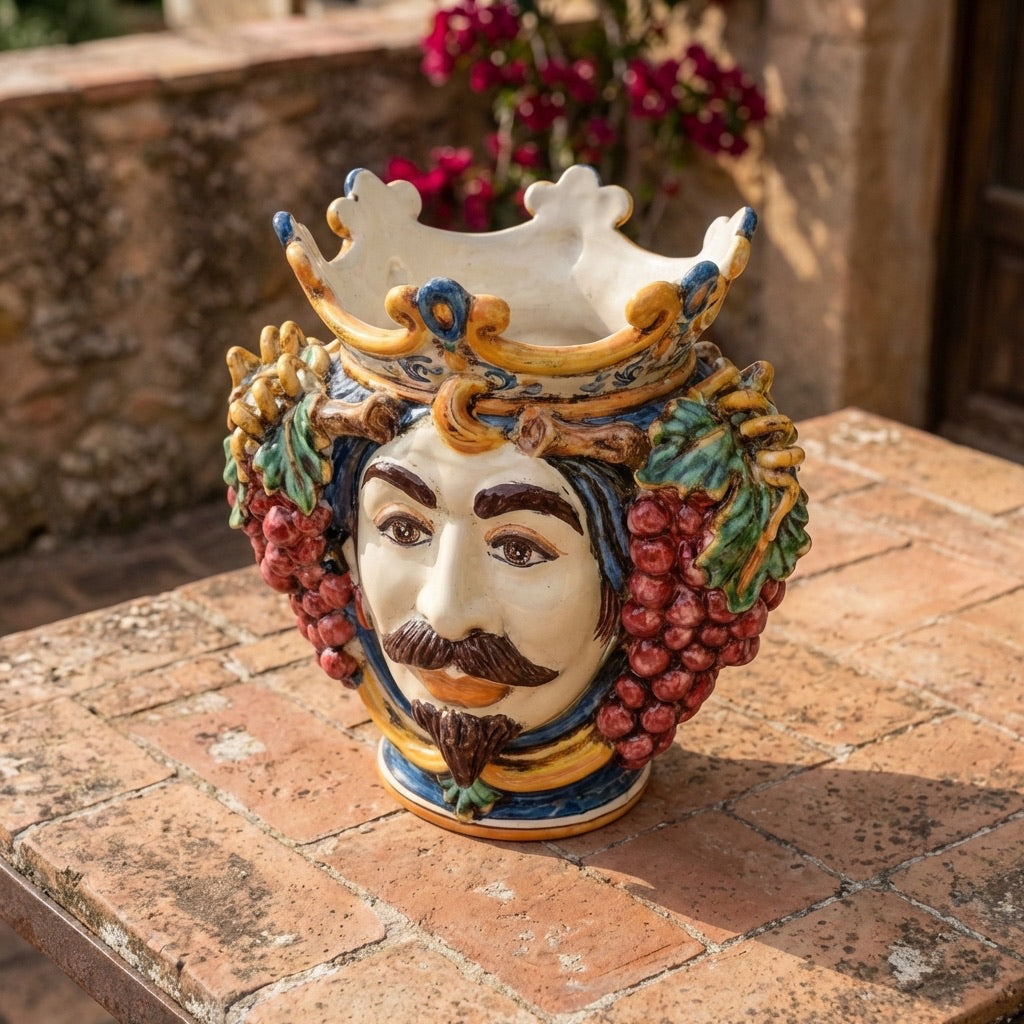 Testa di Moro con Uva, Maschio Bianco, Blu e Arancio. Ceramica siciliana di Caltagirone, Sofia