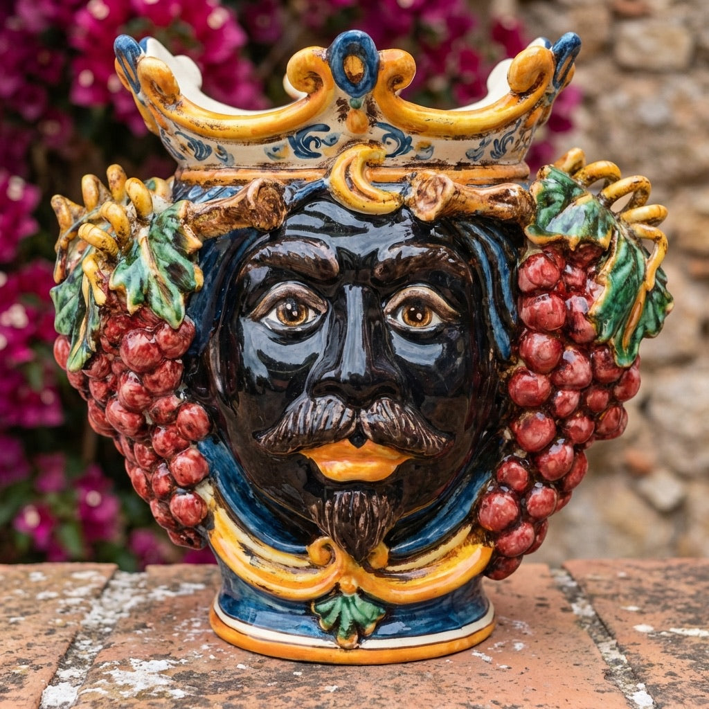 Testa di Moro con Uva, Maschio Moro, Blu e Arancio. Ceramiche Sofia, Caltagirone