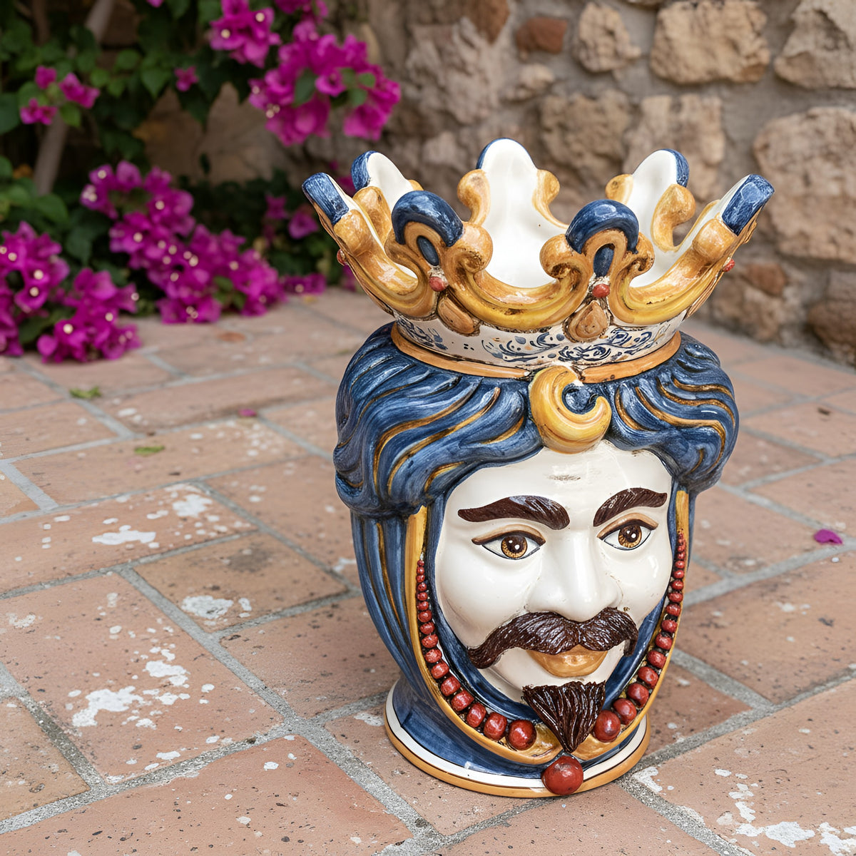 Testa di Moro con Perline, Maschio Bianco, Decoro Sicily. Ceramiche Sofia, Caltagirone