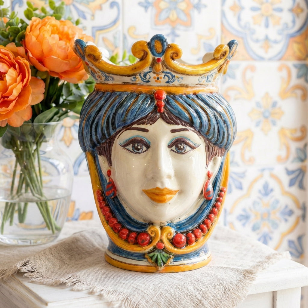 Testa di Moro con Perline, Donna, Decoro Sicily. Ceramica siciliana di Caltagirone, Sofia