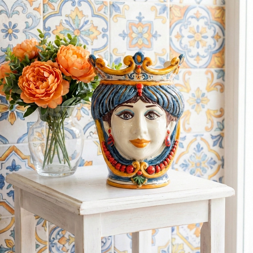Testa di Moro con Perline, Donna, Decoro Sicily. Ceramica siciliana di Caltagirone, Sofia