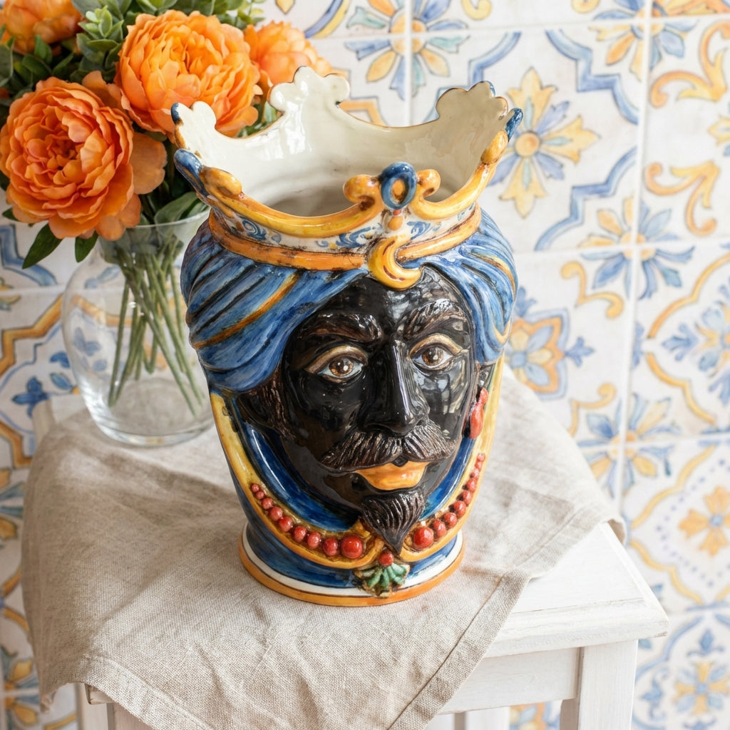 Testa di Moro con Perline, Maschio Moro, Decoro Sicily. Ceramiche Sofia, Caltagirone