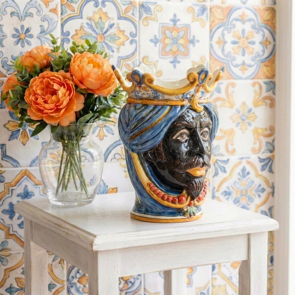 Testa di Moro con Perline, Maschio Moro, Decoro Sicily. Ceramiche Sofia, Caltagirone