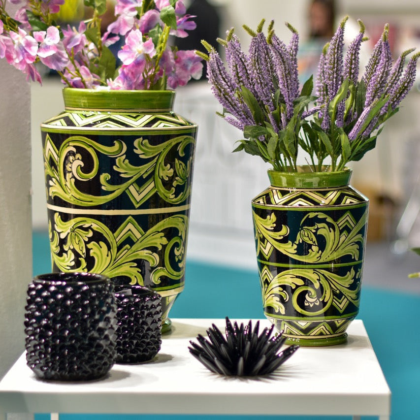 Vaso, Linea Parigi, Nero e Verde, fiori. Ceramiche Sofia, Caltagirone